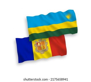 Banderas de olas de tela vectorial nacional de la República de Rwanda y Andorra aisladas en fondo blanco. de 1 a 2.