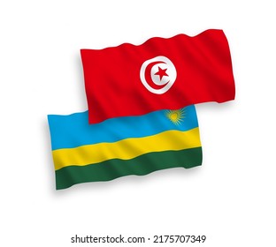 National vector fabric wave flags of Republic of Rwanda and Republic of Tunisia isolated on white background. 1 to 2 proportion.