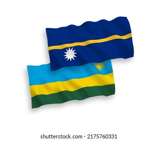 National vector fabric wave flags of Republic of Rwanda and Republic of Nauru isolated on white background. 1 to 2 proportion.