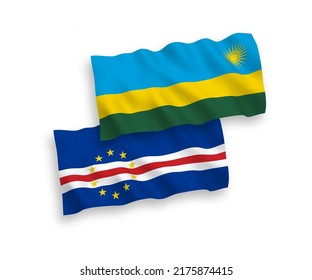 National vector fabric wave flags of Republic of Rwanda and Republic of Cabo Verde isolated on white background. 1 to 2 proportion.