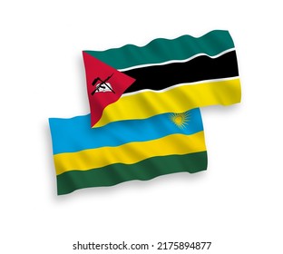National vector fabric wave flags of Republic of Rwanda and Republic of Mozambique isolated on white background. 1 to 2 proportion.