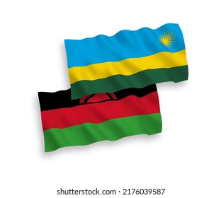 National vector fabric wave flags of Republic of Rwanda and Malawi isolated on white background. 1 to 2 proportion.