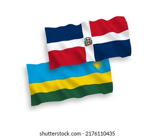 National vector fabric wave flags of Republic of Rwanda and Dominican Republic isolated on white background. 1 to 2 proportion.