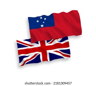 National vector fabric wave flags of Great Britain and Independent State of Samoa isolated on white background. 1 to 2 proportion.