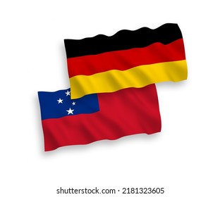 National vector fabric wave flags of Germany and Independent State of Samoa isolated on white background. 1 to 2 proportion.