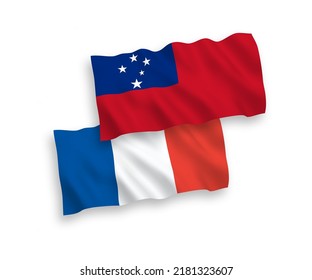 National vector fabric wave flags of France and Independent State of Samoa isolated on white background. 1 to 2 proportion.