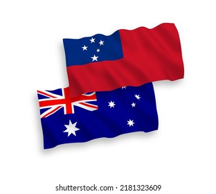 National vector fabric wave flags of Australia and Independent State of Samoa isolated on white background. 1 to 2 proportion.