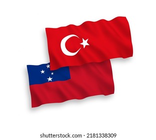 Banderas de olas de tela vectorial nacional de Turquía y del Estado Independiente de Samoa aisladas de fondo blanco. de 1 a 2.
