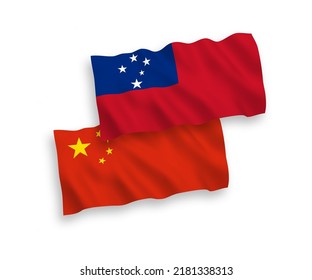 National vector fabric wave flags of Independent State of Samoa and China isolated on white background 1 to 2 proportion.