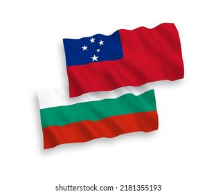 National vector fabric wave flags of Bulgaria and Independent State of Samoa isolated on white background. 1 to 2 proportion.