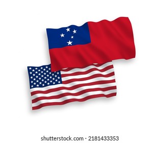 National vector fabric wave flags of Independent State of Samoa and USA isolated on white background. 1 to 2 proportion.