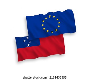 National vector fabric wave flags of European Union and Independent State of Samoa isolated on white background. 1 to 2 proportion.