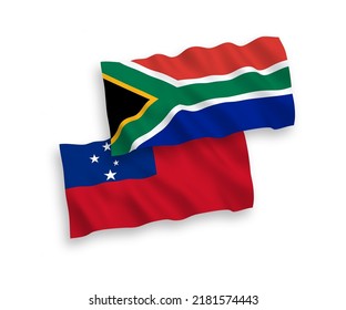 National vector fabric wave flags of Independent State of Samoa and Republic of South Africa isolated on white background. 1 to 2 proportion.