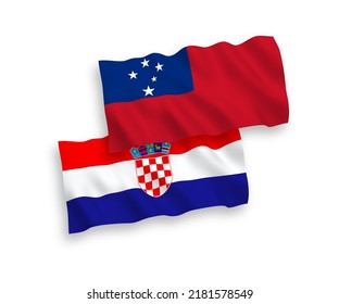 National vector fabric wave flags of Independent State of Samoa and Croatia isolated on white background. 1 to 2 proportion.