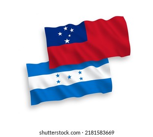 Banderas de ondulación de tela vectorial nacional del Estado Independiente de Samoa y Honduras aisladas en fondo blanco. de 1 a 2.