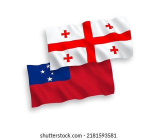 National vector fabric wave flags of Independent State of Samoa and Georgia isolated on white background. 1 to 2 proportion.