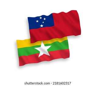 Banderas de ondulación de tela vectorial nacional del Estado Independiente de Samoa y Myanmar aisladas en fondo blanco. de 1 a 2.