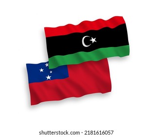 National vector fabric wave flags of Independent State of Samoa and Libya isolated on white background. 1 to 2 proportion.
