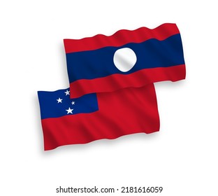 National vector fabric wave flags of Independent State of Samoa and Laos isolated on white background. 1 to 2 proportion.