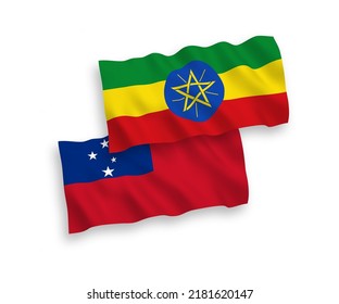 National vector fabric wave flags of Independent State of Samoa and Ethiopia isolated on white background. 1 to 2 proportion.