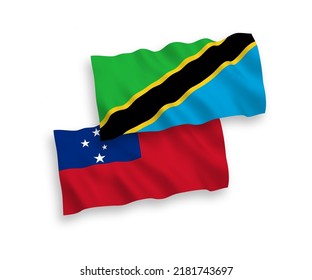 National vector fabric wave flags of Independent State of Samoa and Tanzania isolated on white background. 1 to 2 proportion.