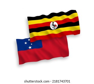 National vector fabric wave flags of Independent State of Samoa and Uganda isolated on white background. 1 to 2 proportion.
