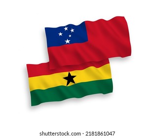 National vector fabric wave flags of Independent State of Samoa and Ghana isolated on white background. 1 to 2 proportion.