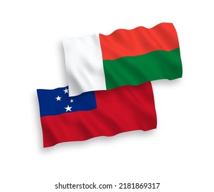 National vector fabric wave flags of Independent State of Samoa and Madagascar isolated on white background. 1 to 2 proportion.