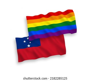 National vector fabric wave flags of Independent State of Samoa and Rainbow gay pride isolated on white background. 1 to 2 proportion.