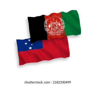 National vector fabric wave flags of Independent State of Samoa and Islamic Republic of Afghanistan isolated on white background. 1 to 2 proportion.