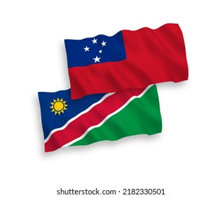 National vector fabric wave flags of Independent State of Samoa and Republic of Namibia isolated on white background. 1 to 2 proportion.