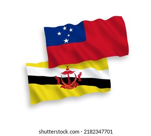 National vector fabric wave flags of Independent State of Samoa and Brunei isolated on white background. 1 to 2 proportion.
