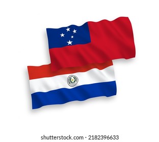 National vector fabric wave flags of Independent State of Samoa and Paraguay isolated on white background. 1 to 2 proportion.