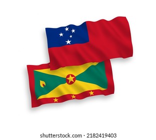 National vector fabric wave flags of Independent State of Samoa and Grenada isolated on white background. 1 to 2 proportion.