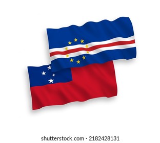 National vector fabric wave flags of Independent State of Samoa and Republic of Cabo Verde isolated on white background. 1 to 2 proportion.