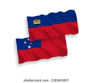 National vector fabric wave flags of Independent State of Samoa and Liechtenstein isolated on white background. 1 to 2 proportion.