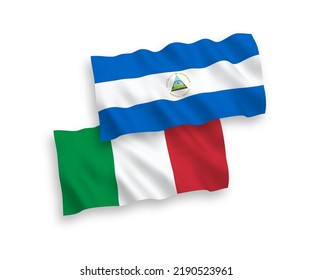 National vector fabric wave flags of Italy and Nicaragua isolated on white background. 1 to 2 proportion.