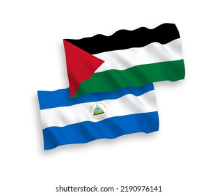 Banderas de la ola de tejido vectorial nacional de Nicaragua y Palestina aisladas en fondo blanco. de 1 a 2.