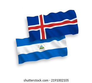 Banderas de ondas de tela vectorial nacionales de Nicaragua e Islandia aisladas en fondo blanco. de 1 a 2.