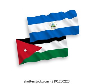 Banderas de ondulación de tela vectorial nacional de Nicaragua y el Reino Hachemita de Jordania aisladas en fondo blanco. de 1 a 2.