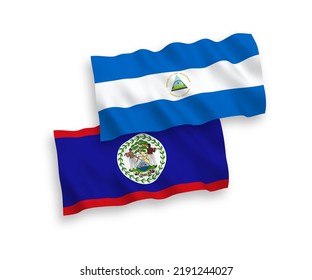 National vector fabric wave flags of Nicaragua and Belize isolated on white background. 1 to 2 proportion.