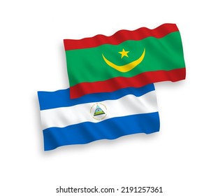 Nationale Vektor-Wellen-Flaggen von Nicaragua und der Islamischen Republik Mauretanien einzeln auf weißem Hintergrund. 1 bis 2 %.