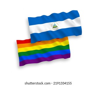 National vector fabric wave flags of Nicaragua and Rainbow gay pride isolated on white background. 1 to 2 proportion.