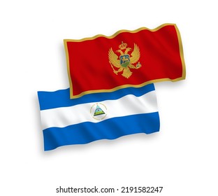 Banderas de olas de tela vectorial nacional de Nicaragua y Montenegro aisladas en fondo blanco. de 1 a 2.