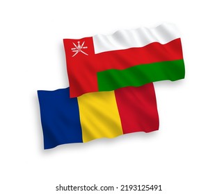 Banderas de olas de tela vectorial nacional de Rumania y Sultanato de Omán aisladas en fondo blanco. de 1 a 2.