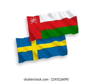 National vector fabric wave flags of Sweden and Sultanate of Oman isolated on white background. 1 to 2 proportion.