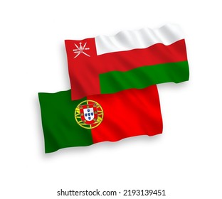 Nationale Vektor-Wellen-Flaggen von Portugal und Sultanat von Oman einzeln auf weißem Hintergrund. 1 bis 2 %.