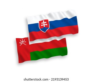 National vector fabric wave flags of Slovakia and Sultanate of Oman isolated on white background. 1 to 2 proportion.