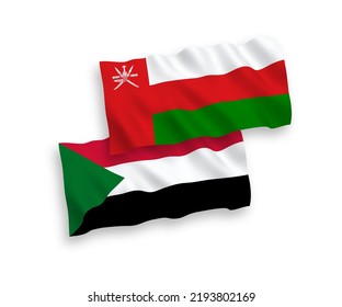 Nationale Vektor-Wellen-Flaggen von Sultanat von Oman und Sudan einzeln auf weißem Hintergrund. 1 bis 2 %.