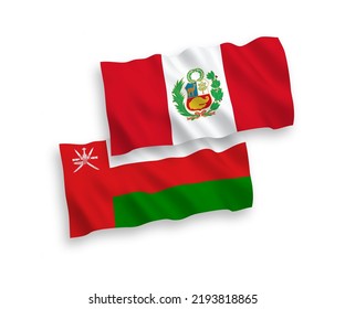 Banderas de olas de tela vectorial nacional del Sultanato de Omán y Perú aisladas en fondo blanco. de 1 a 2.